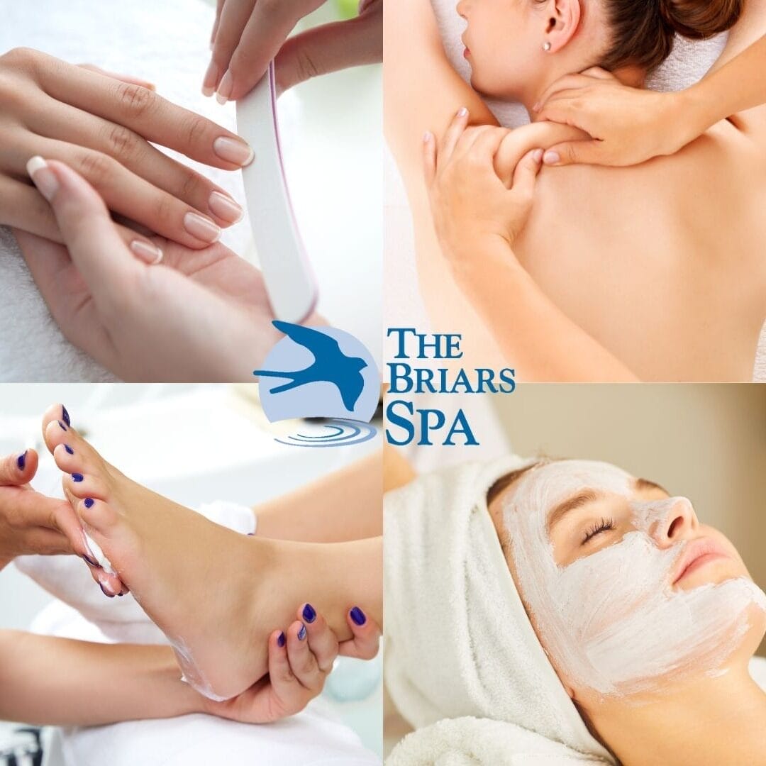 A collage for The Briars Spa featuring a manicure, back massage, pedicure, and a woman relaxing with a facial mask. Best retreats near Toronto.