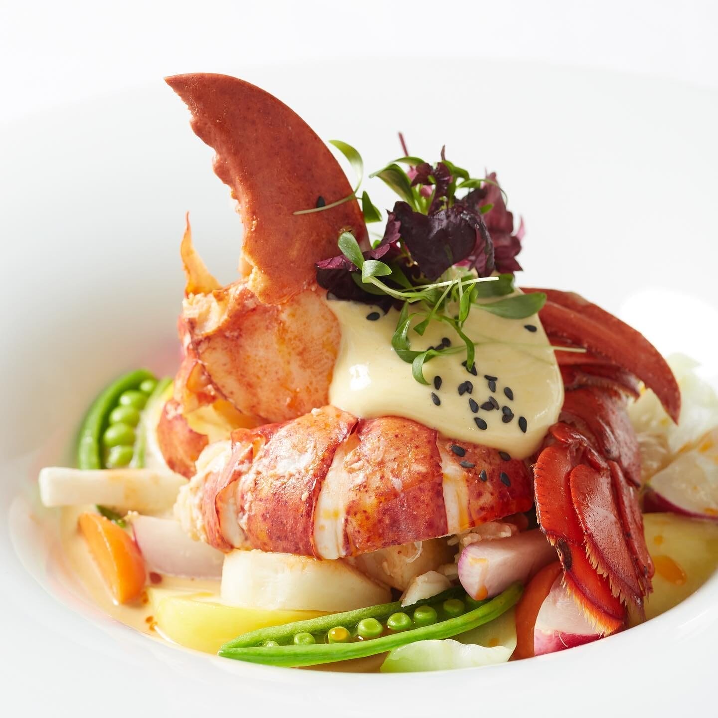 A plated lobster dish with a rich sauce, black sesame seeds, and fresh microgreens, served over a bed of colorful vegetables including snap peas, carrots, and potatoes. The vibrant presentation highlights the seafood's texture and garnishes | Open on Easter